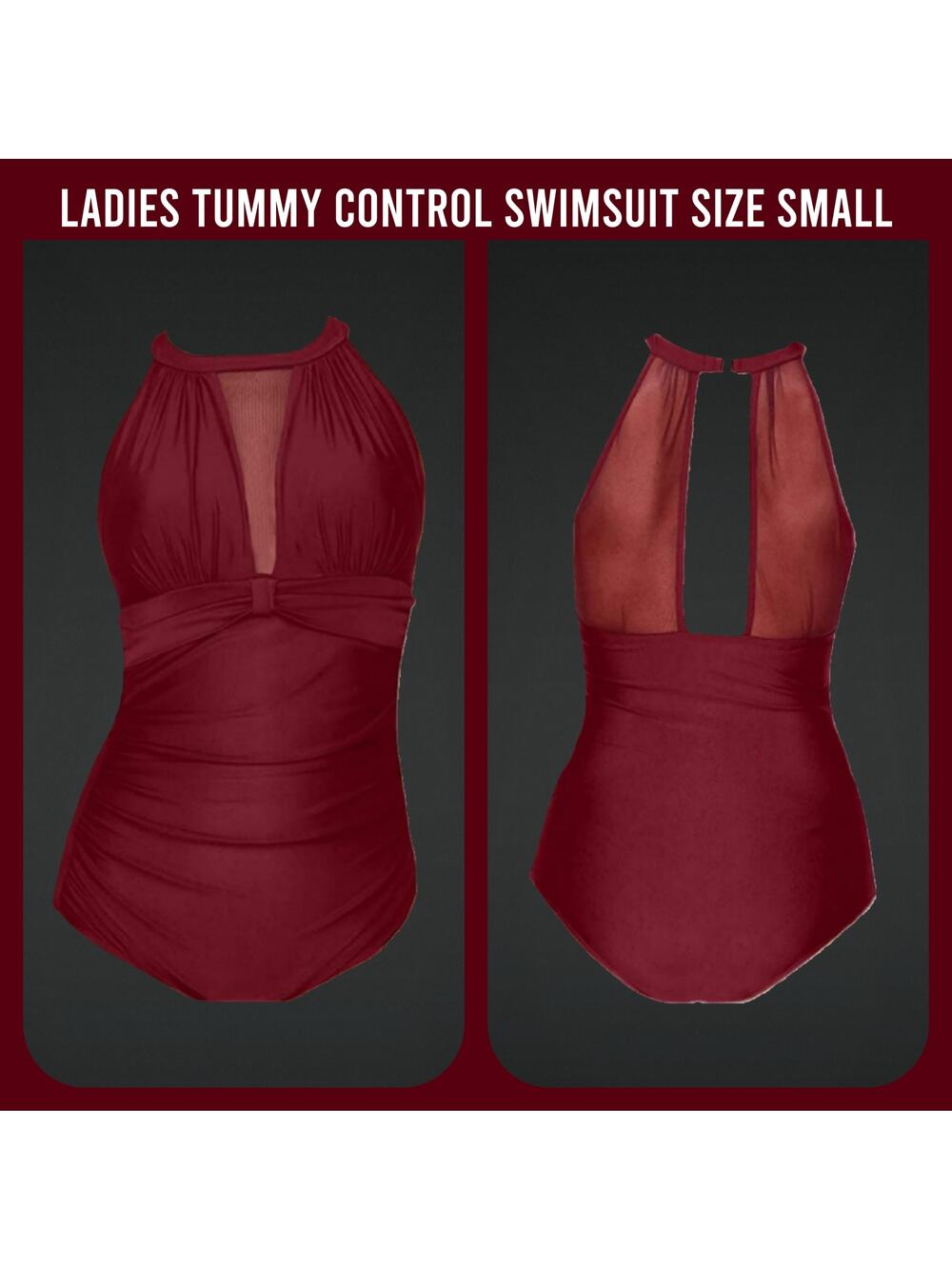 Ladies Tummy Control Halter Mesh Swimsuit Burgundy Size Small